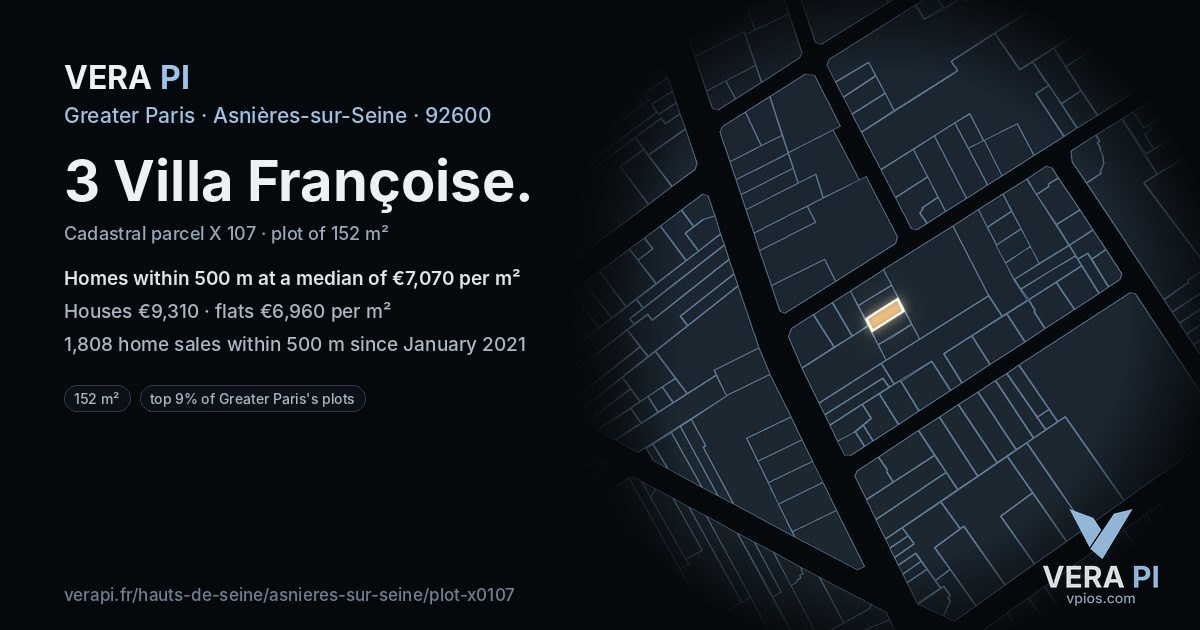 3 Villa Françoise, Asnières-sur-Seine at night – the plot lit, the parcels around coloured by the prices near them
