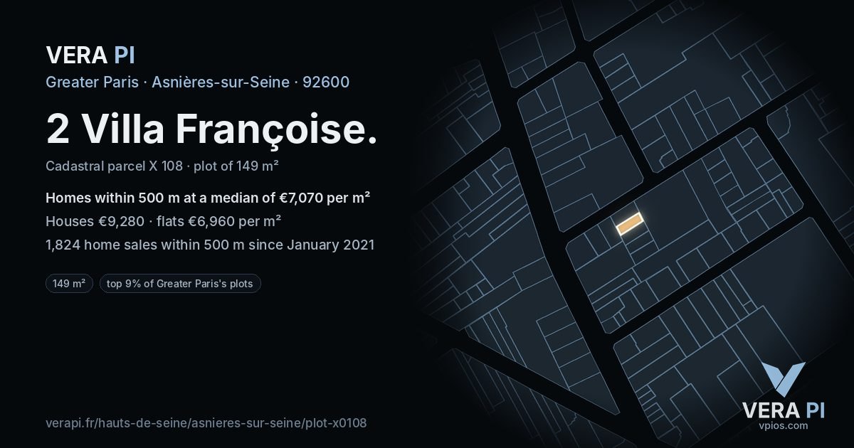 2 Villa Françoise, Asnières-sur-Seine at night – the plot lit, the parcels around coloured by the prices near them