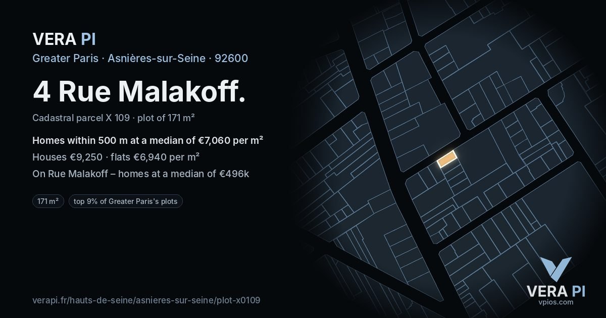 4 Rue Malakoff, Asnières-sur-Seine at night – the plot lit, the parcels around coloured by the prices near them