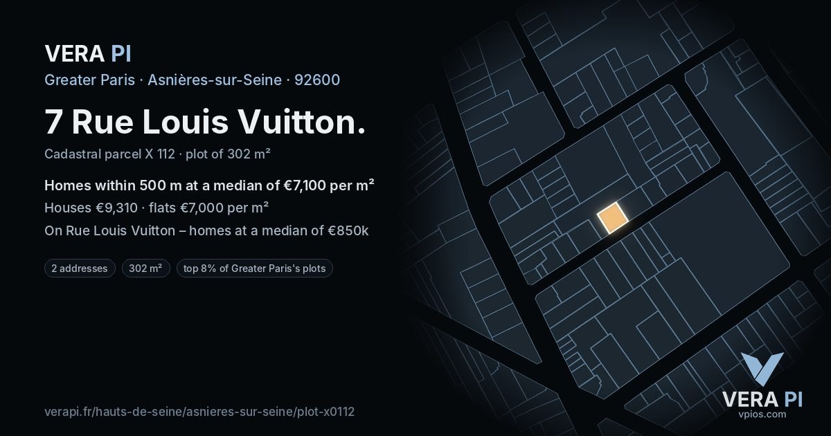7 Rue Louis Vuitton, Asnières-sur-Seine at night – the plot lit, the parcels around coloured by the prices near them