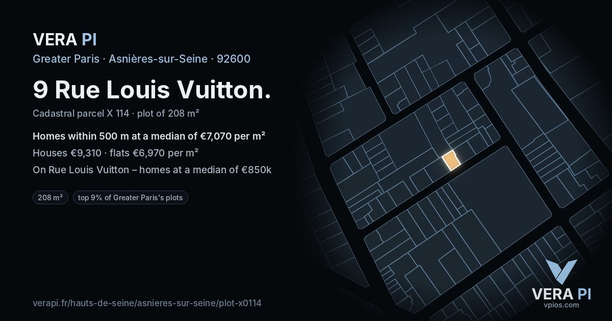 9 Rue Louis Vuitton, Asnières-sur-Seine at night – the plot lit, the parcels around coloured by the prices near them