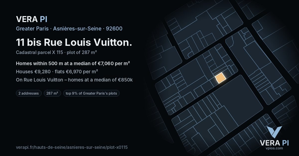 11 bis Rue Louis Vuitton, Asnières-sur-Seine at night – the plot lit, the parcels around coloured by the prices near them