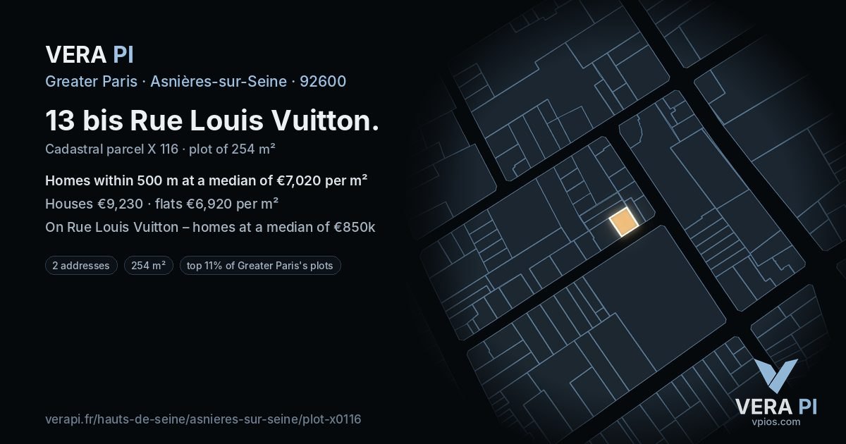 13 bis Rue Louis Vuitton, Asnières-sur-Seine at night – the plot lit, the parcels around coloured by the prices near them