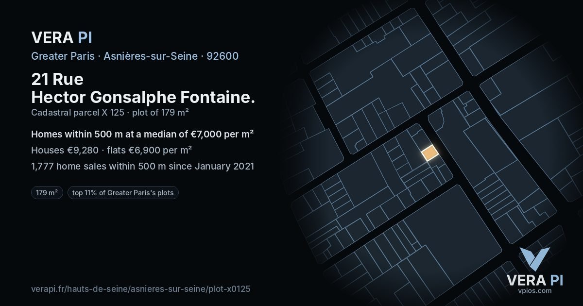 21 Rue Hector Gonsalphe Fontaine, Asnières-sur-Seine at night – the plot lit, the parcels around coloured by the prices near them