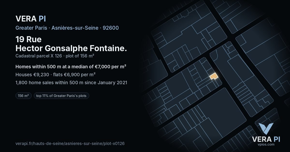 19 Rue Hector Gonsalphe Fontaine, Asnières-sur-Seine at night – the plot lit, the parcels around coloured by the prices near them