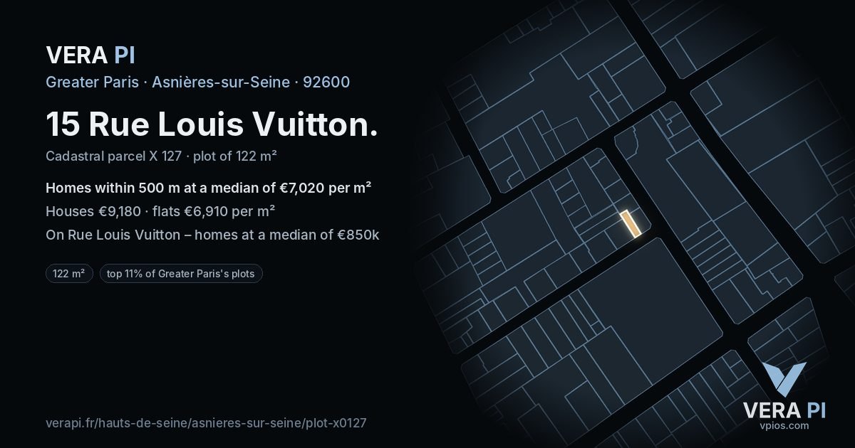 15 Rue Louis Vuitton, Asnières-sur-Seine at night – the plot lit, the parcels around coloured by the prices near them