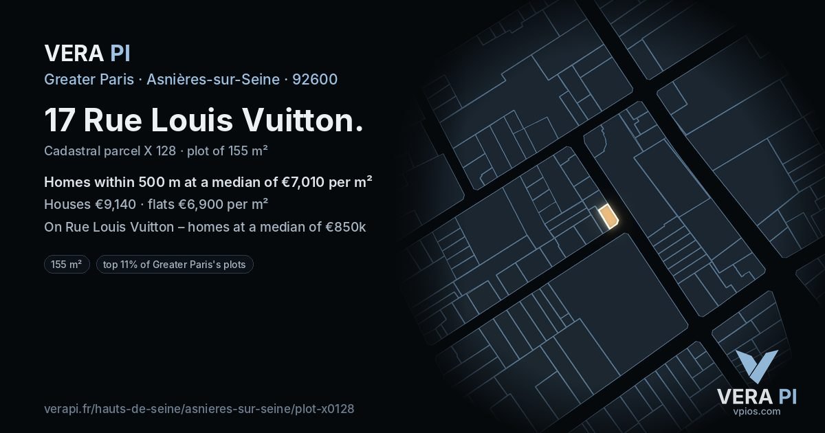 17 Rue Louis Vuitton, Asnières-sur-Seine at night – the plot lit, the parcels around coloured by the prices near them