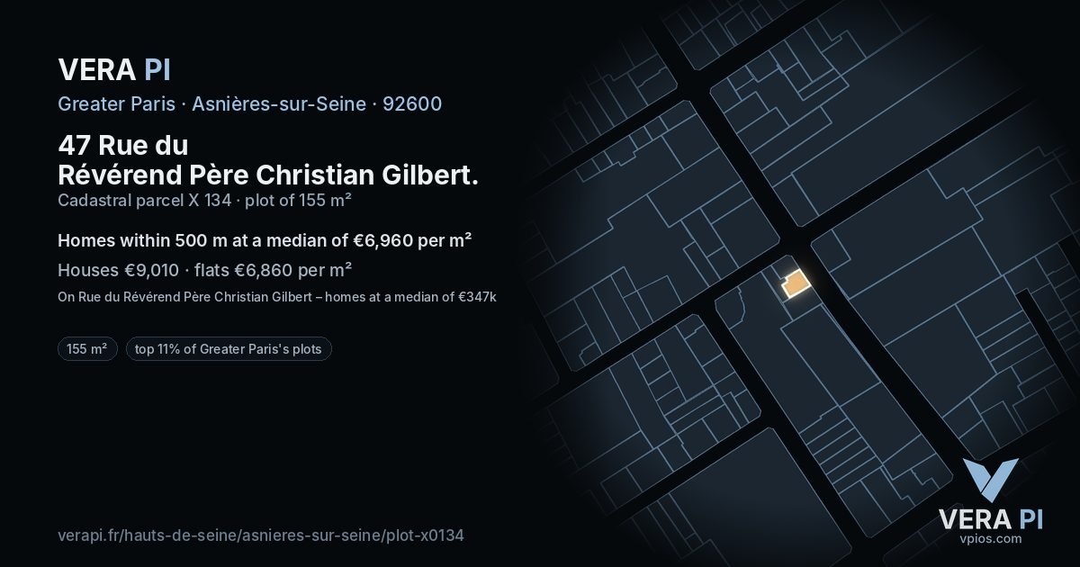 47 Rue du Révérend Père Christian Gilbert, Asnières-sur-Seine at night – the plot lit, the parcels around coloured by the prices near them