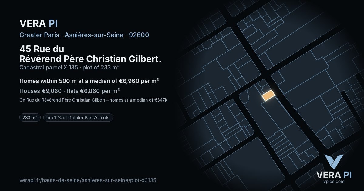 45 Rue du Révérend Père Christian Gilbert, Asnières-sur-Seine at night – the plot lit, the parcels around coloured by the prices near them