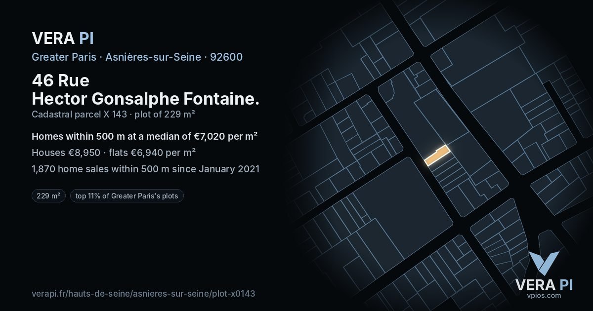 46 Rue Hector Gonsalphe Fontaine, Asnières-sur-Seine at night – the plot lit, the parcels around coloured by the prices near them