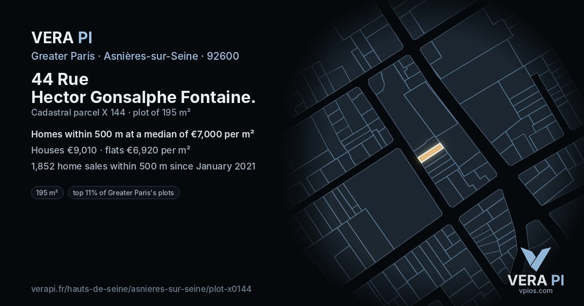 44 Rue Hector Gonsalphe Fontaine, Asnières-sur-Seine at night – the plot lit, the parcels around coloured by the prices near them