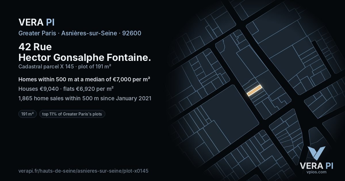 42 Rue Hector Gonsalphe Fontaine, Asnières-sur-Seine at night – the plot lit, the parcels around coloured by the prices near them