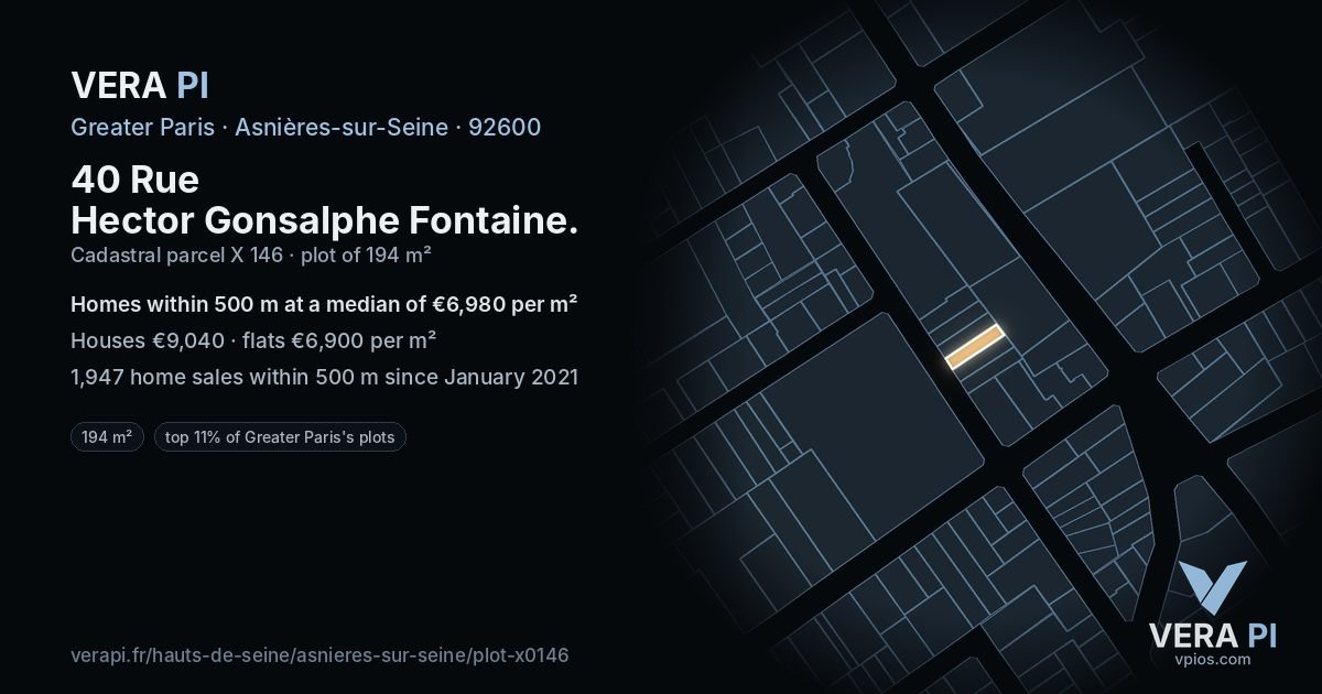 40 Rue Hector Gonsalphe Fontaine, Asnières-sur-Seine at night – the plot lit, the parcels around coloured by the prices near them