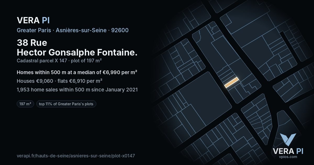 38 Rue Hector Gonsalphe Fontaine, Asnières-sur-Seine at night – the plot lit, the parcels around coloured by the prices near them