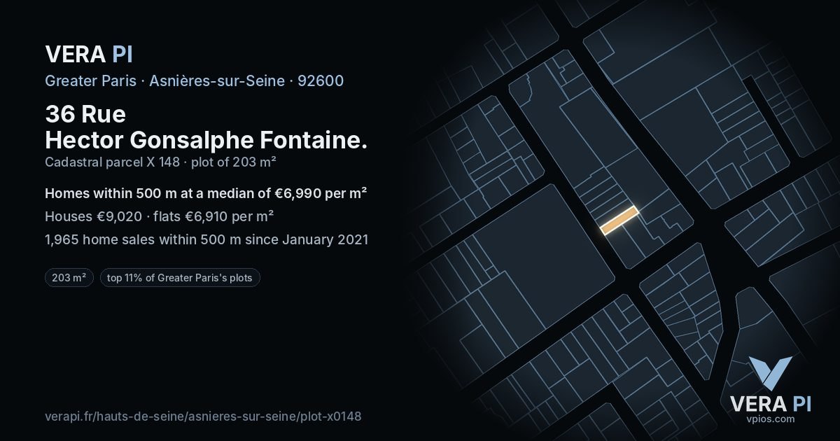 36 Rue Hector Gonsalphe Fontaine, Asnières-sur-Seine at night – the plot lit, the parcels around coloured by the prices near them