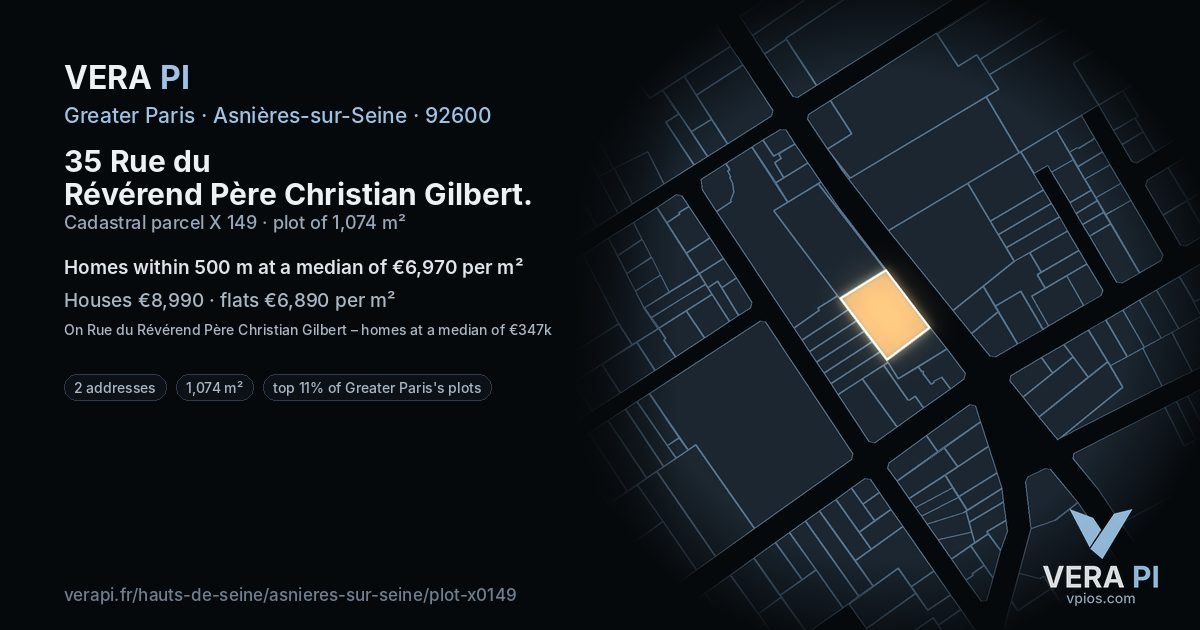 35 Rue du Révérend Père Christian Gilbert, Asnières-sur-Seine at night – the plot lit, the parcels around coloured by the prices near them