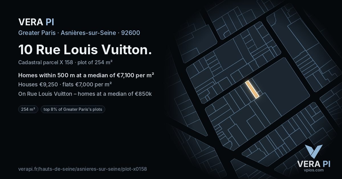 10 Rue Louis Vuitton, Asnières-sur-Seine at night – the plot lit, the parcels around coloured by the prices near them