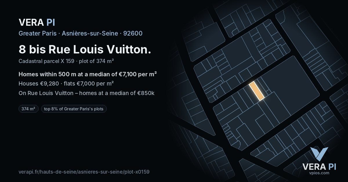 8 bis Rue Louis Vuitton, Asnières-sur-Seine at night – the plot lit, the parcels around coloured by the prices near them