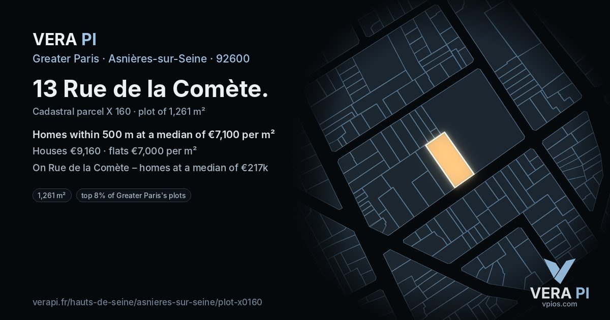 13 Rue de la Comète, Asnières-sur-Seine at night – the plot lit, the parcels around coloured by the prices near them
