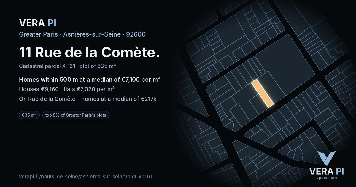 11 Rue de la Comète, Asnières-sur-Seine at night – the plot lit, the parcels around coloured by the prices near them