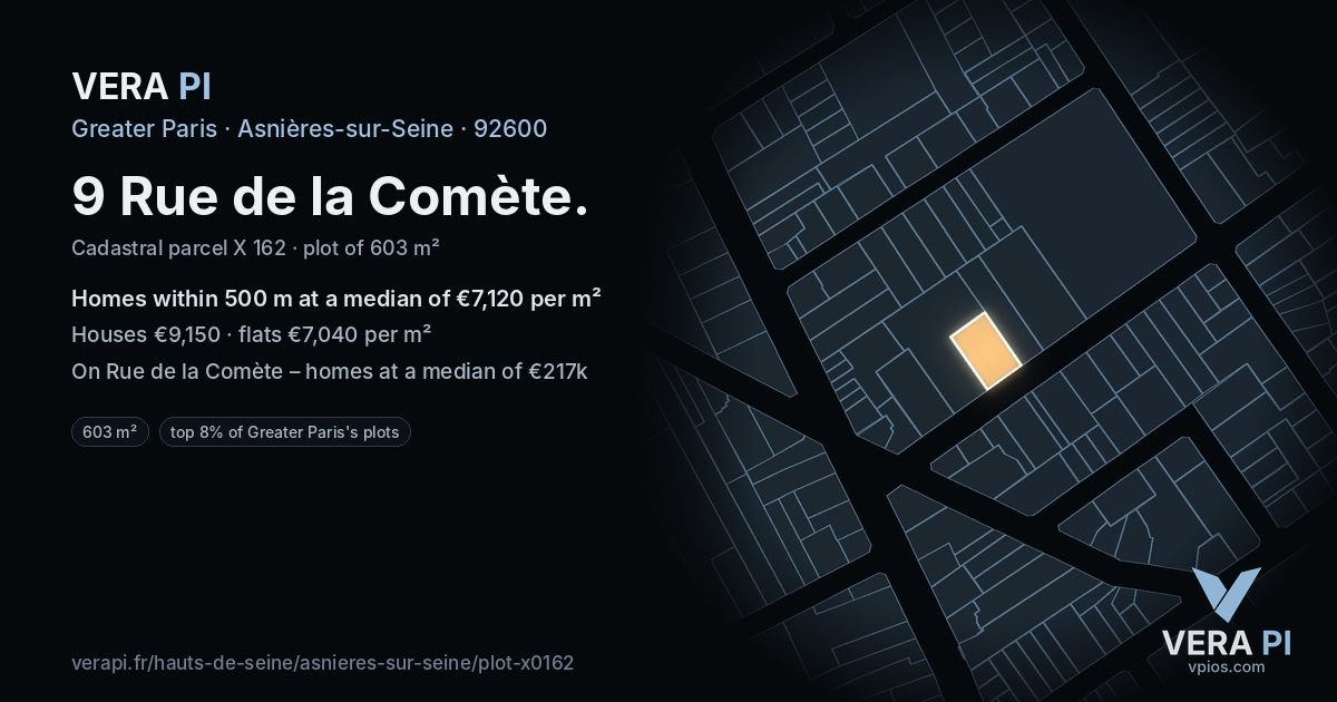 9 Rue de la Comète, Asnières-sur-Seine at night – the plot lit, the parcels around coloured by the prices near them