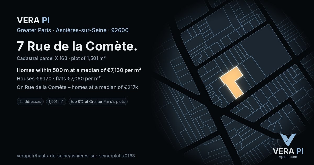 7 Rue de la Comète, Asnières-sur-Seine at night – the plot lit, the parcels around coloured by the prices near them