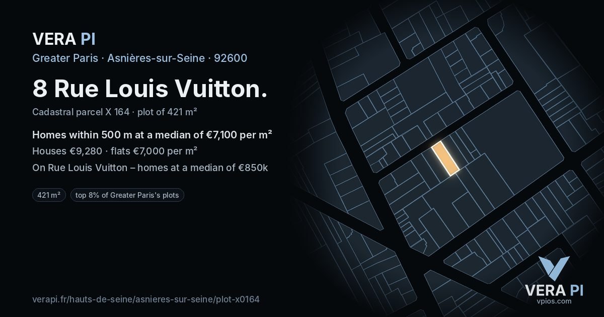 8 Rue Louis Vuitton, Asnières-sur-Seine at night – the plot lit, the parcels around coloured by the prices near them