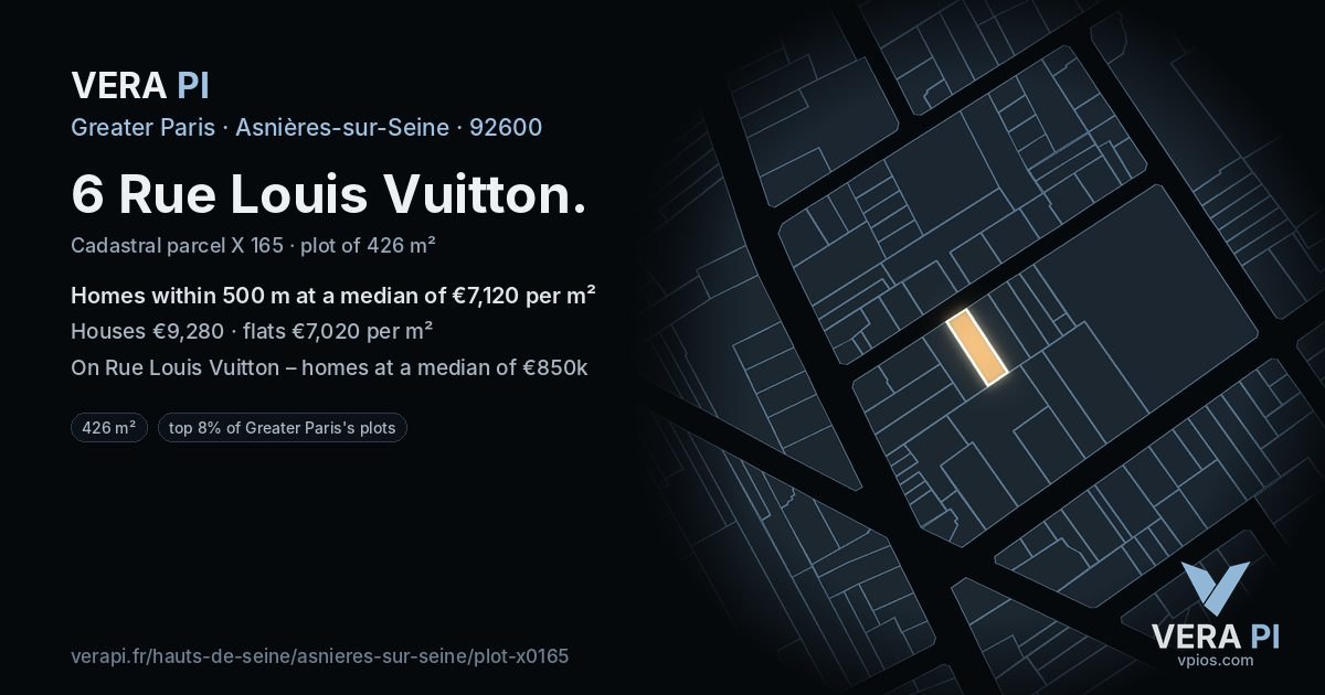 6 Rue Louis Vuitton, Asnières-sur-Seine at night – the plot lit, the parcels around coloured by the prices near them