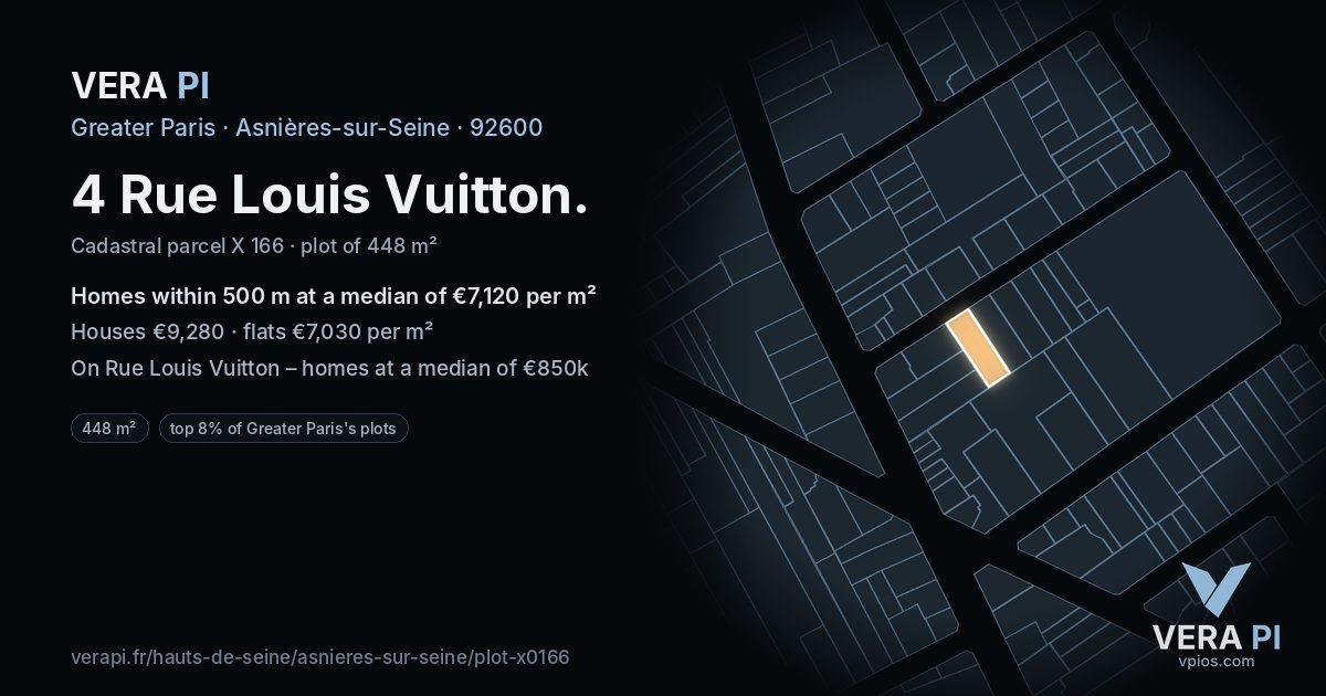 4 Rue Louis Vuitton, Asnières-sur-Seine at night – the plot lit, the parcels around coloured by the prices near them