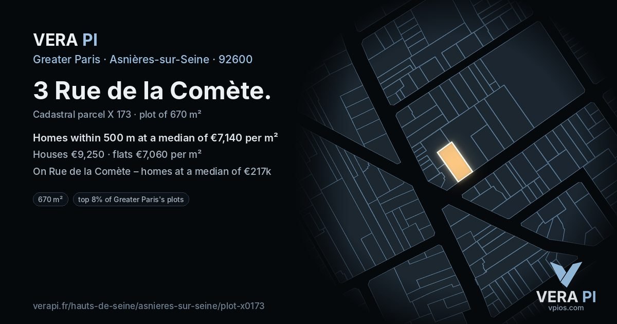 3 Rue de la Comète, Asnières-sur-Seine at night – the plot lit, the parcels around coloured by the prices near them