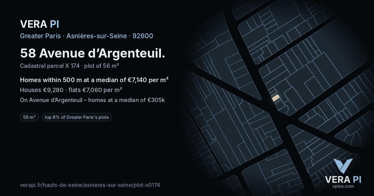 58 Avenue d’Argenteuil, Asnières-sur-Seine at night – the plot lit, the parcels around coloured by the prices near them