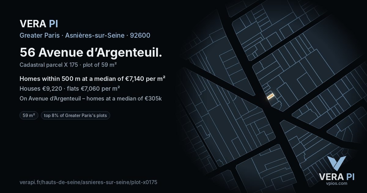 56 Avenue d’Argenteuil, Asnières-sur-Seine at night – the plot lit, the parcels around coloured by the prices near them