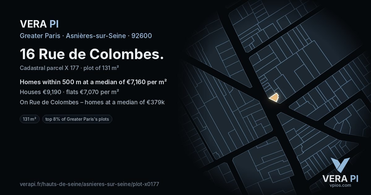 16 Rue de Colombes, Asnières-sur-Seine at night – the plot lit, the parcels around coloured by the prices near them