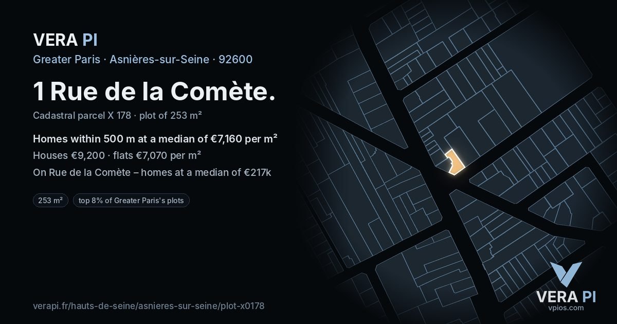 1 Rue de la Comète, Asnières-sur-Seine at night – the plot lit, the parcels around coloured by the prices near them