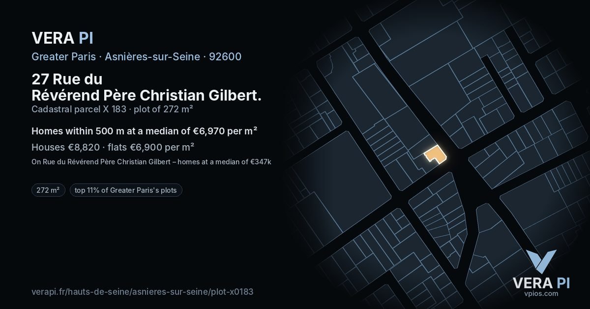 27 Rue du Révérend Père Christian Gilbert, Asnières-sur-Seine at night – the plot lit, the parcels around coloured by the prices near them