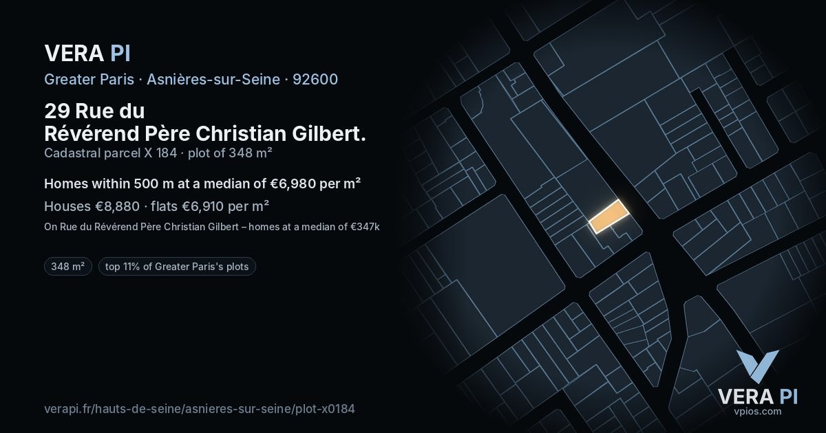 29 Rue du Révérend Père Christian Gilbert, Asnières-sur-Seine at night – the plot lit, the parcels around coloured by the prices near them