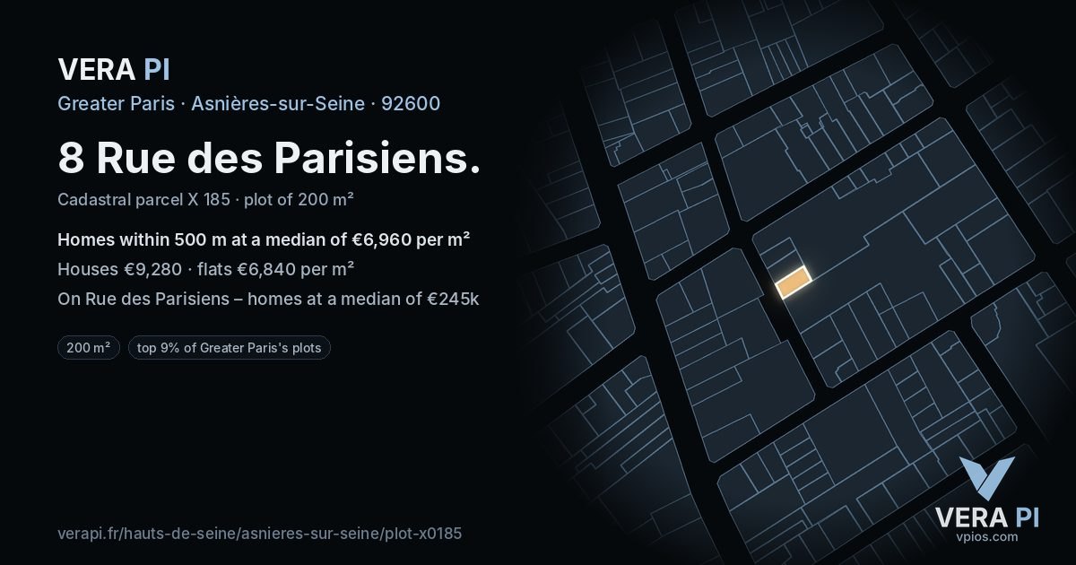 8 Rue des Parisiens, Asnières-sur-Seine at night – the plot lit, the parcels around coloured by the prices near them