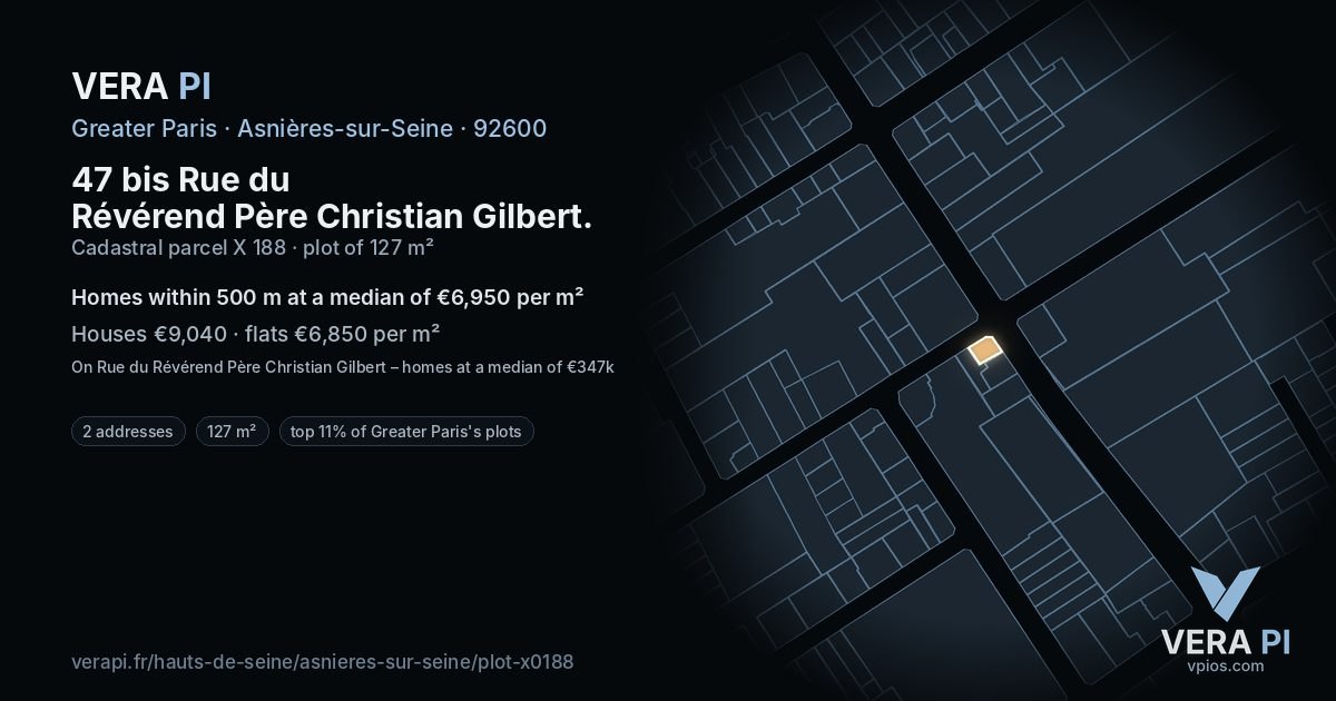 47 bis Rue du Révérend Père Christian Gilbert, Asnières-sur-Seine at night – the plot lit, the parcels around coloured by the prices near them