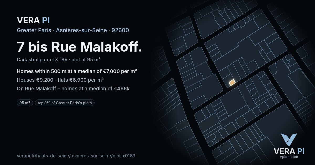 7 bis Rue Malakoff, Asnières-sur-Seine at night – the plot lit, the parcels around coloured by the prices near them