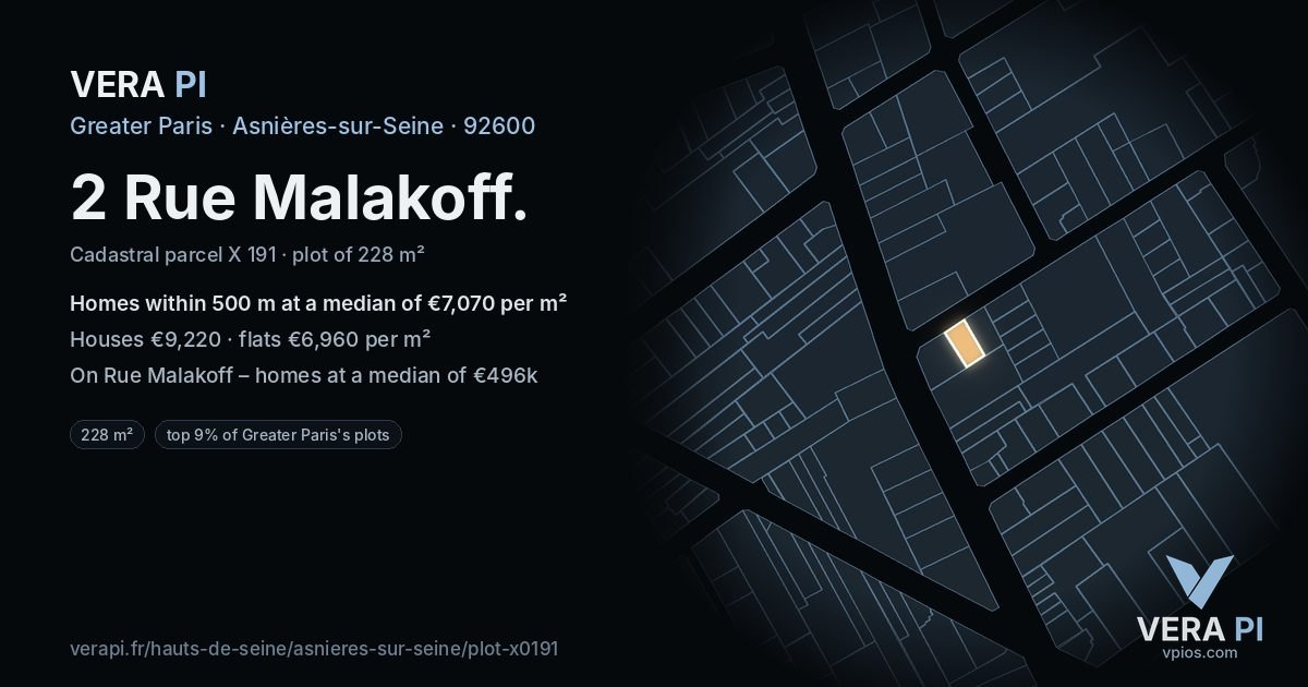 2 Rue Malakoff, Asnières-sur-Seine at night – the plot lit, the parcels around coloured by the prices near them