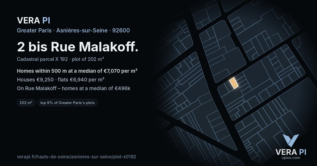 2 bis Rue Malakoff, Asnières-sur-Seine at night – the plot lit, the parcels around coloured by the prices near them