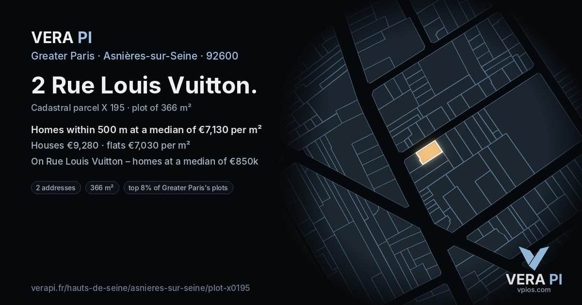 2 Rue Louis Vuitton, Asnières-sur-Seine at night – the plot lit, the parcels around coloured by the prices near them