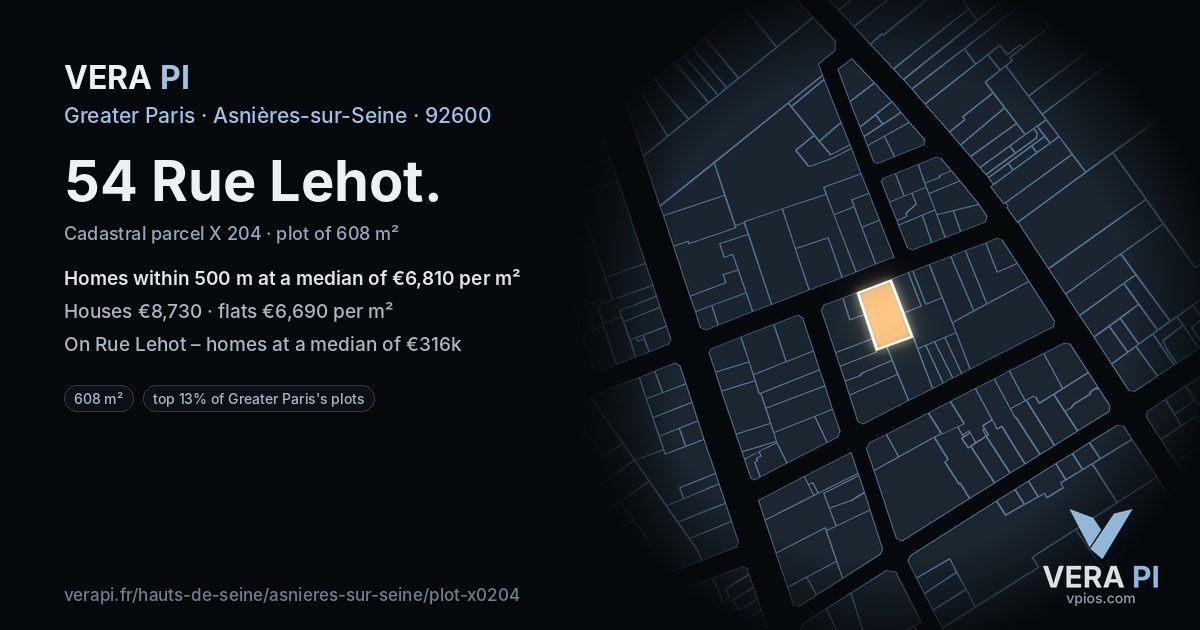 54 Rue Lehot, Asnières-sur-Seine at night – the plot lit, the parcels around coloured by the prices near them