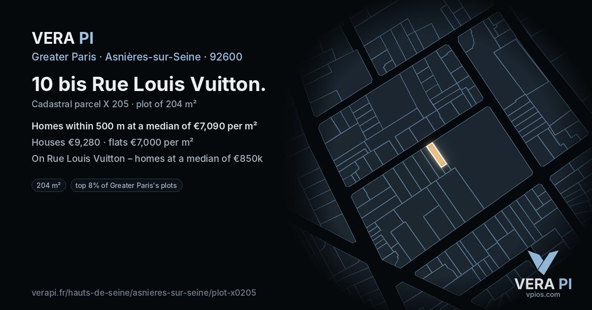 10 bis Rue Louis Vuitton, Asnières-sur-Seine at night – the plot lit, the parcels around coloured by the prices near them