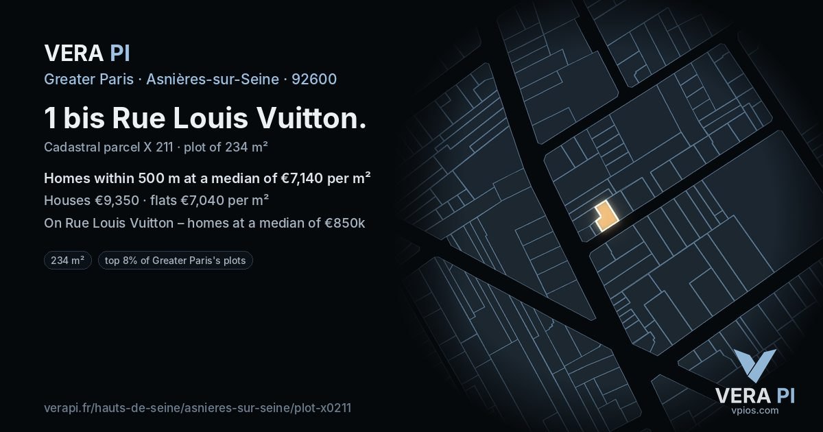 1 bis Rue Louis Vuitton, Asnières-sur-Seine at night – the plot lit, the parcels around coloured by the prices near them