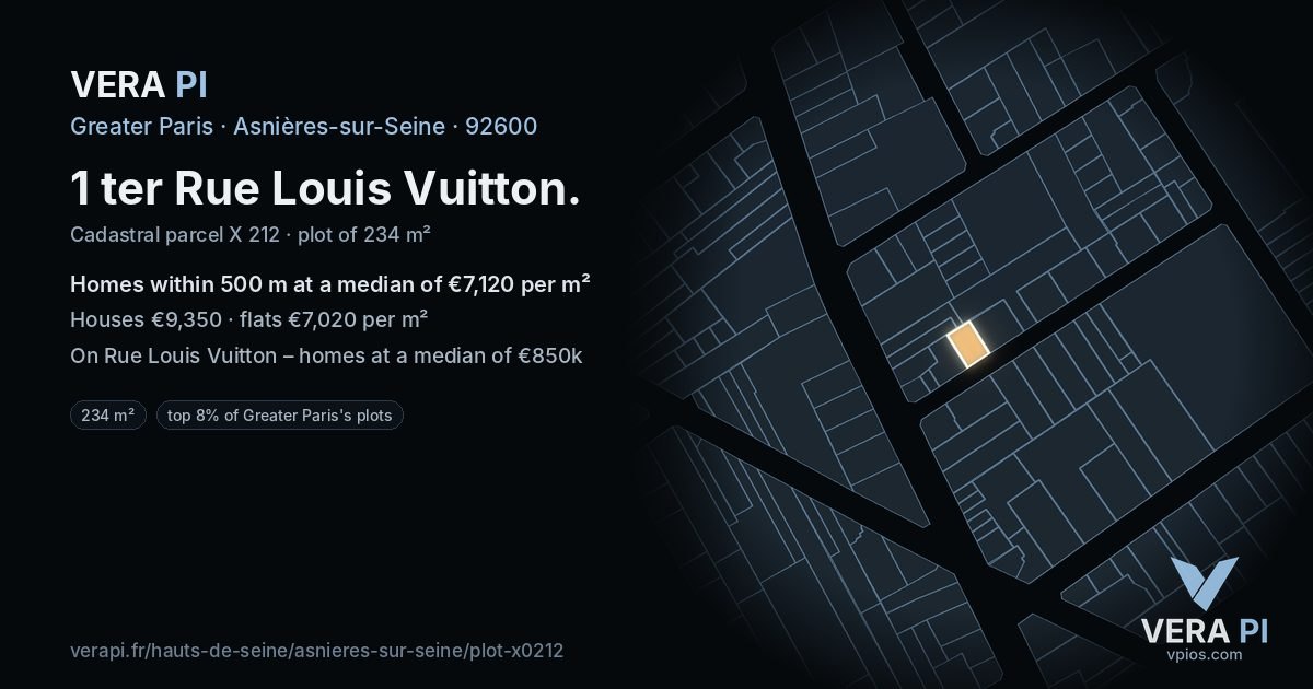 1 ter Rue Louis Vuitton, Asnières-sur-Seine at night – the plot lit, the parcels around coloured by the prices near them