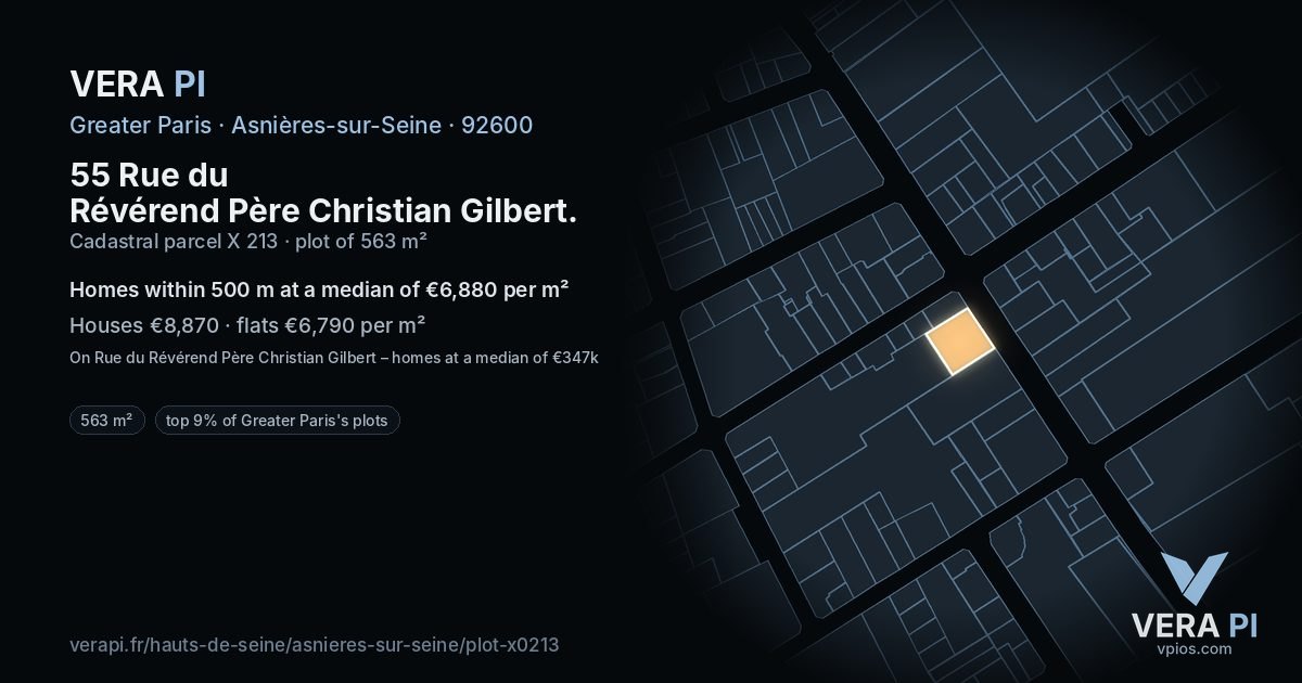 55 Rue du Révérend Père Christian Gilbert, Asnières-sur-Seine at night – the plot lit, the parcels around coloured by the prices near them
