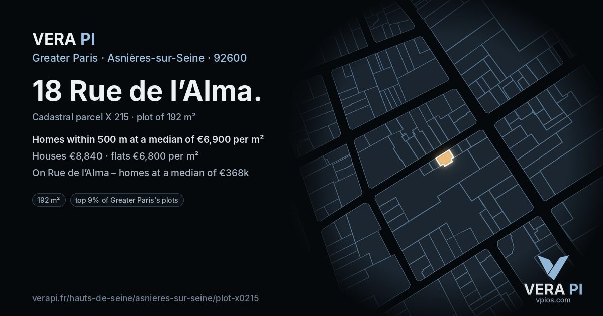 18 Rue de l’Alma, Asnières-sur-Seine at night – the plot lit, the parcels around coloured by the prices near them