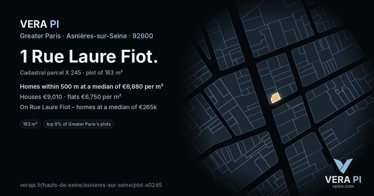 1 Rue Laure Fiot, Asnières-sur-Seine at night – the plot lit, the parcels around coloured by the prices near them