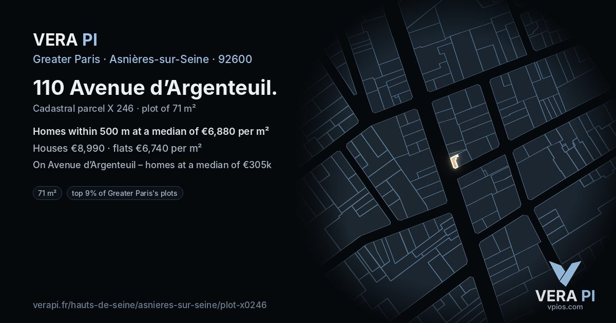 110 Avenue d’Argenteuil, Asnières-sur-Seine at night – the plot lit, the parcels around coloured by the prices near them